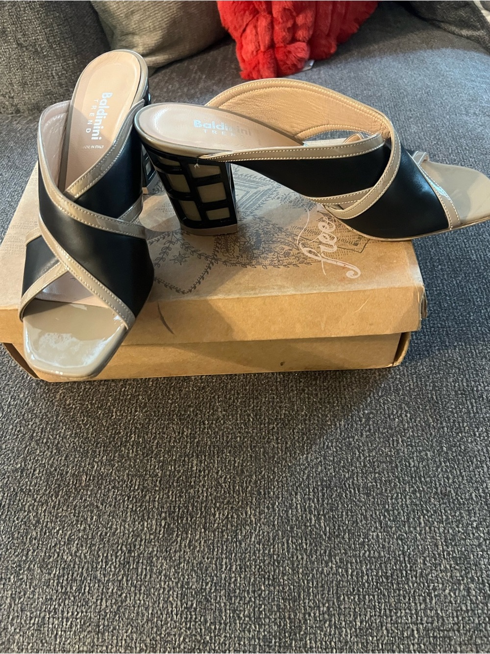 Baldinini Black and Taupe Crisscross Geometric Block Heel Mules